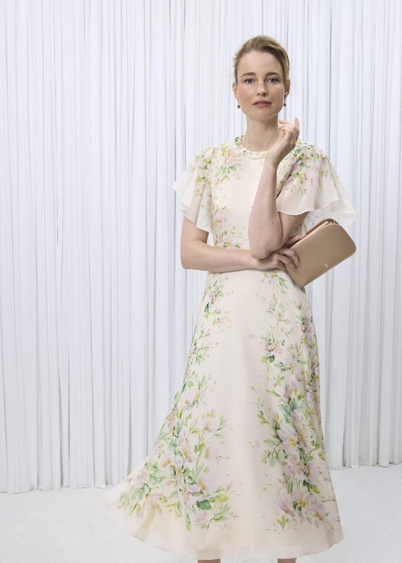Kim Plait Neck Floral Silk Dress 