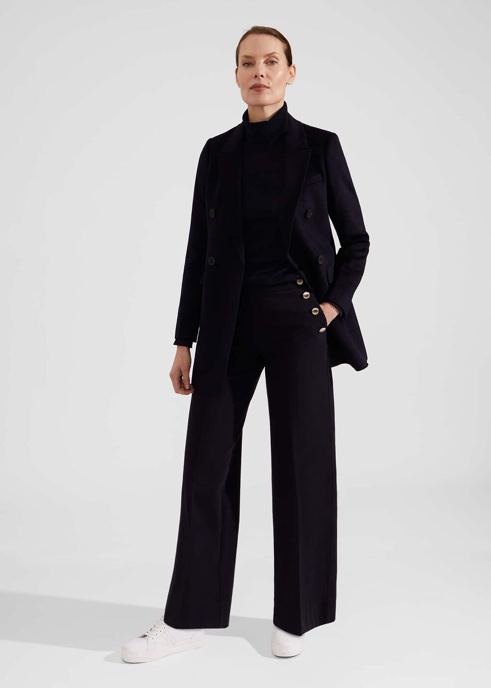 Hana Wide Leg Cotton Blend Trousers, Navy, hi-res