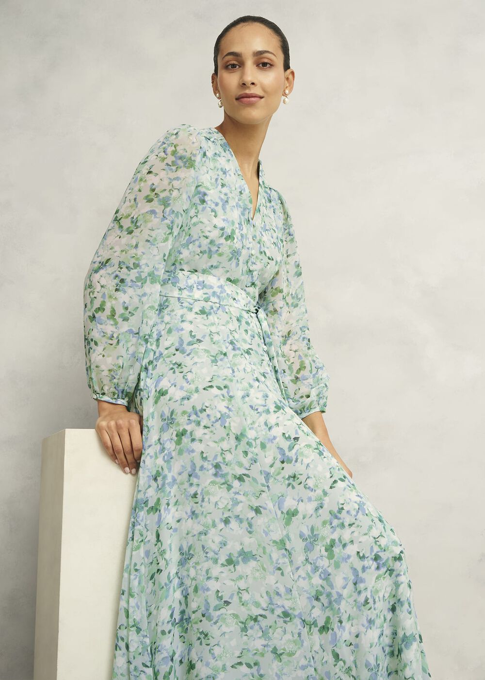 Petite Thea Tie Belted Dress, Sage Green, hi-res