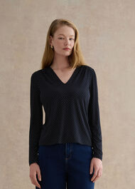 Hannah Printed Polka Dot V Neck Top, Navy Ivory, hi-res