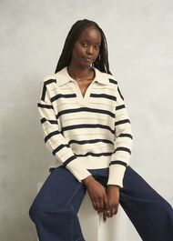 Ivory Beauford Cotton Stripe Polo Knitted Sweater, Cream Navy, hi-res