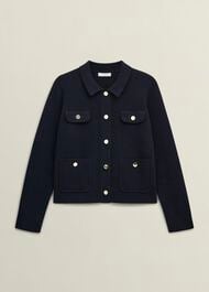 Navy Christa Cotton Pocket Detail Collared Knitted Jacket, Hobbs Navy, hi-res