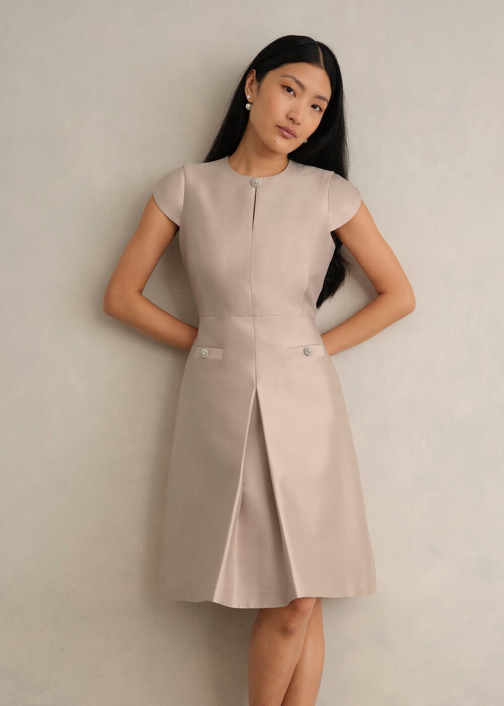 Avery Wool Silk Dress, Oyster, hi-res