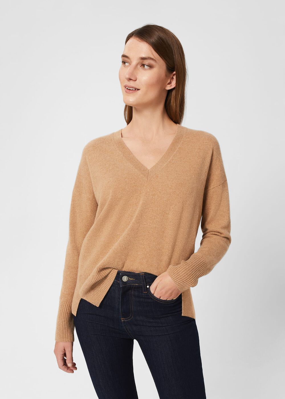 Dahlia V Neck Cashmere Sweater, Camel, hi-res
