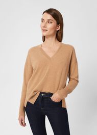 Dahlia V Neck Cashmere Sweater, Camel, hi-res