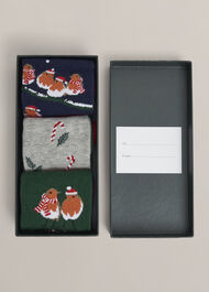 Festive Robin Sock Set, Red Multi, hi-res