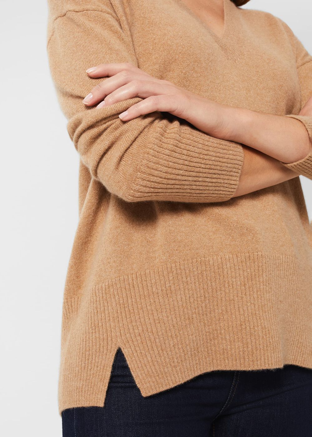 Dahlia V Neck Cashmere Sweater, Camel, hi-res