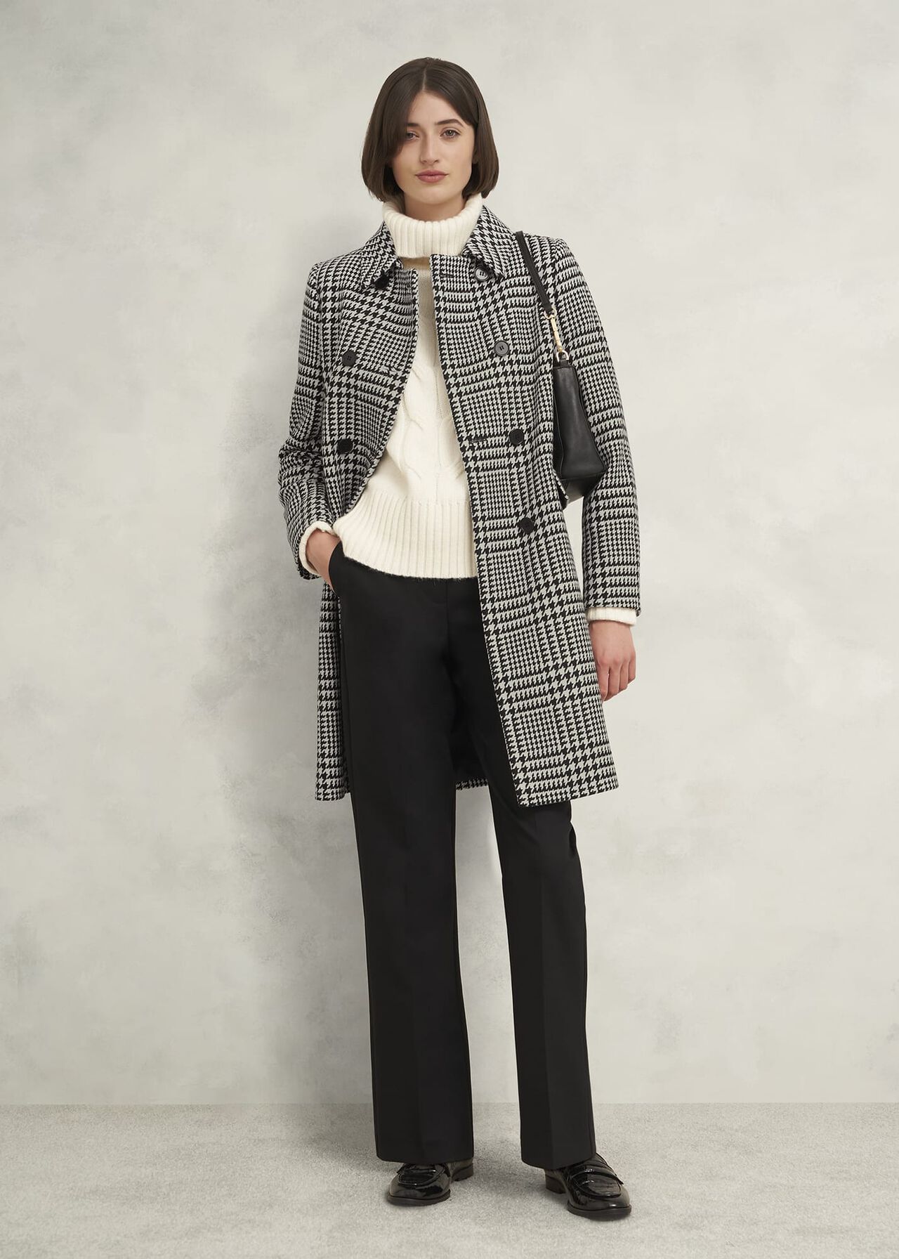 Yvette Wool Blend Check Coat, Black Ivory, hi-res