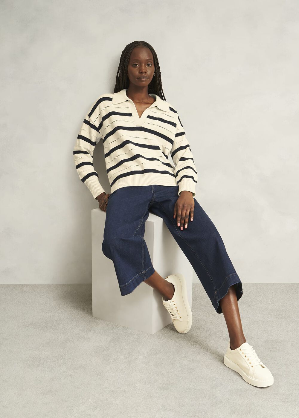 Ivory Beauford Cotton Stripe Polo Knitted Sweater, Cream Navy, hi-res