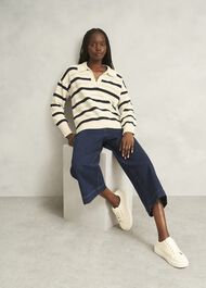 Ivory Beauford Cotton Stripe Polo Knitted Sweater, Cream Navy, hi-res