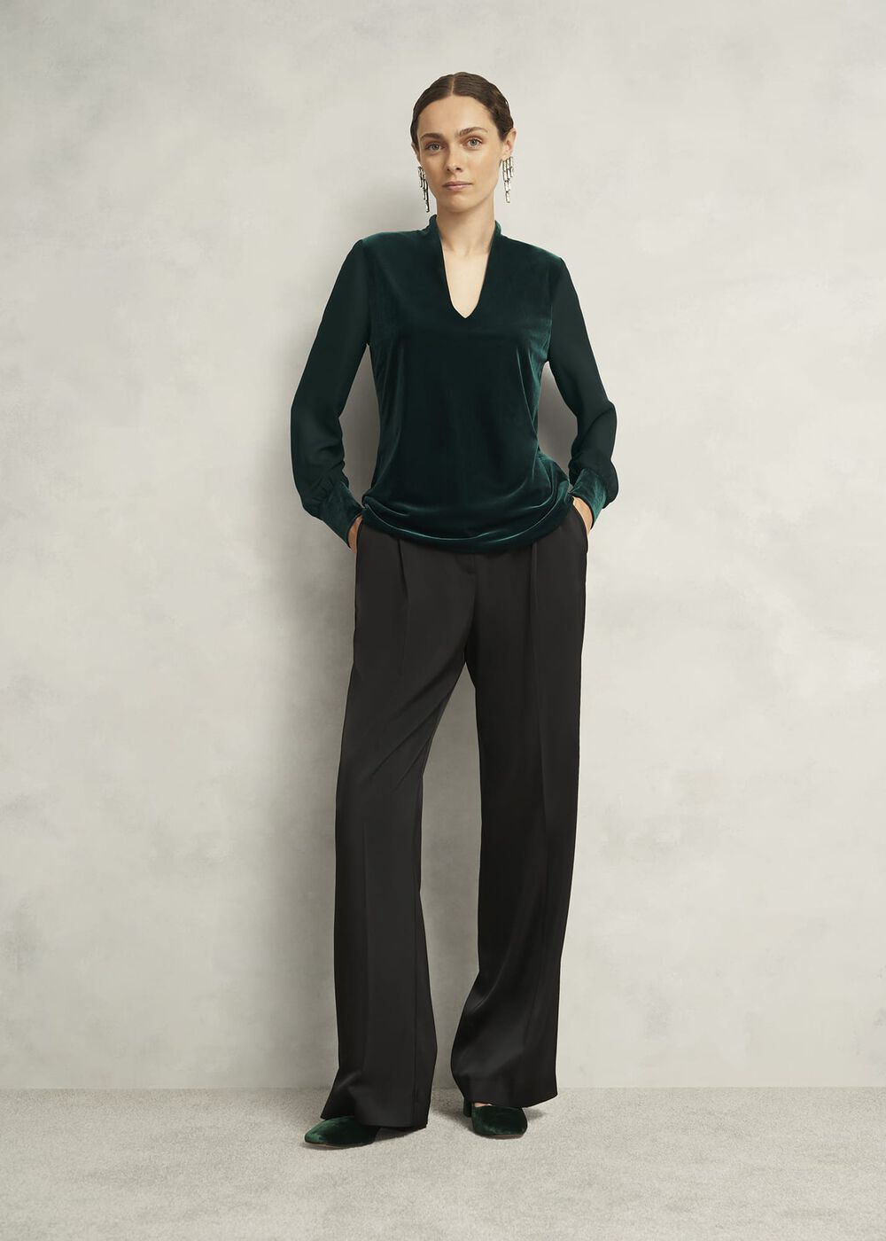 Aimee Velvet V Neck 3/4 Sleeve Top, Ponderosa Green, hi-res