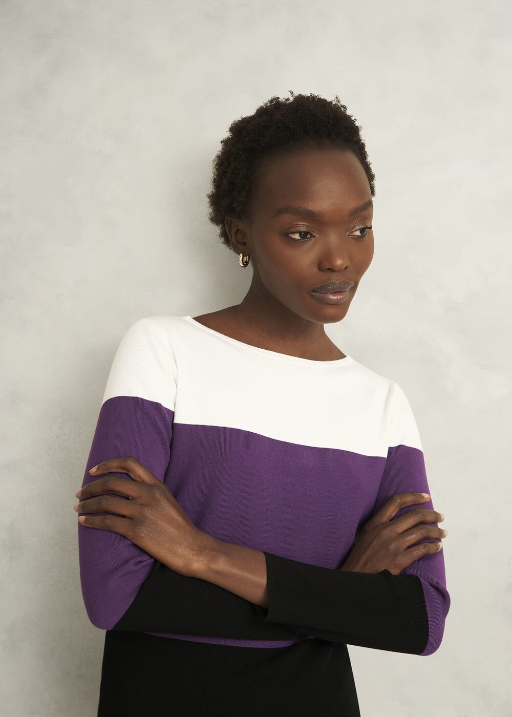 Alice Colour Block Crew Neck Knitted Jumper, Fig Purple, hi-res