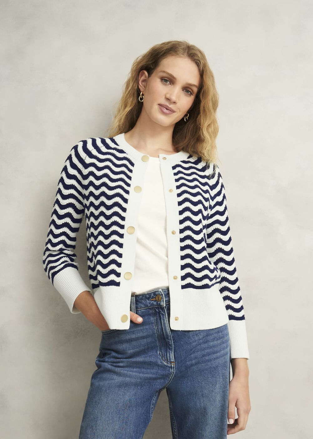 Lulu Cotton Cardigan, Navy Warm Ivory, hi-res
