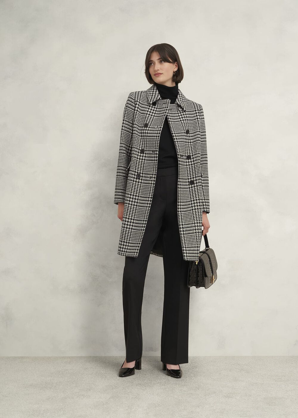 Yvette Wool Blend Check Coat, Black Ivory, hi-res