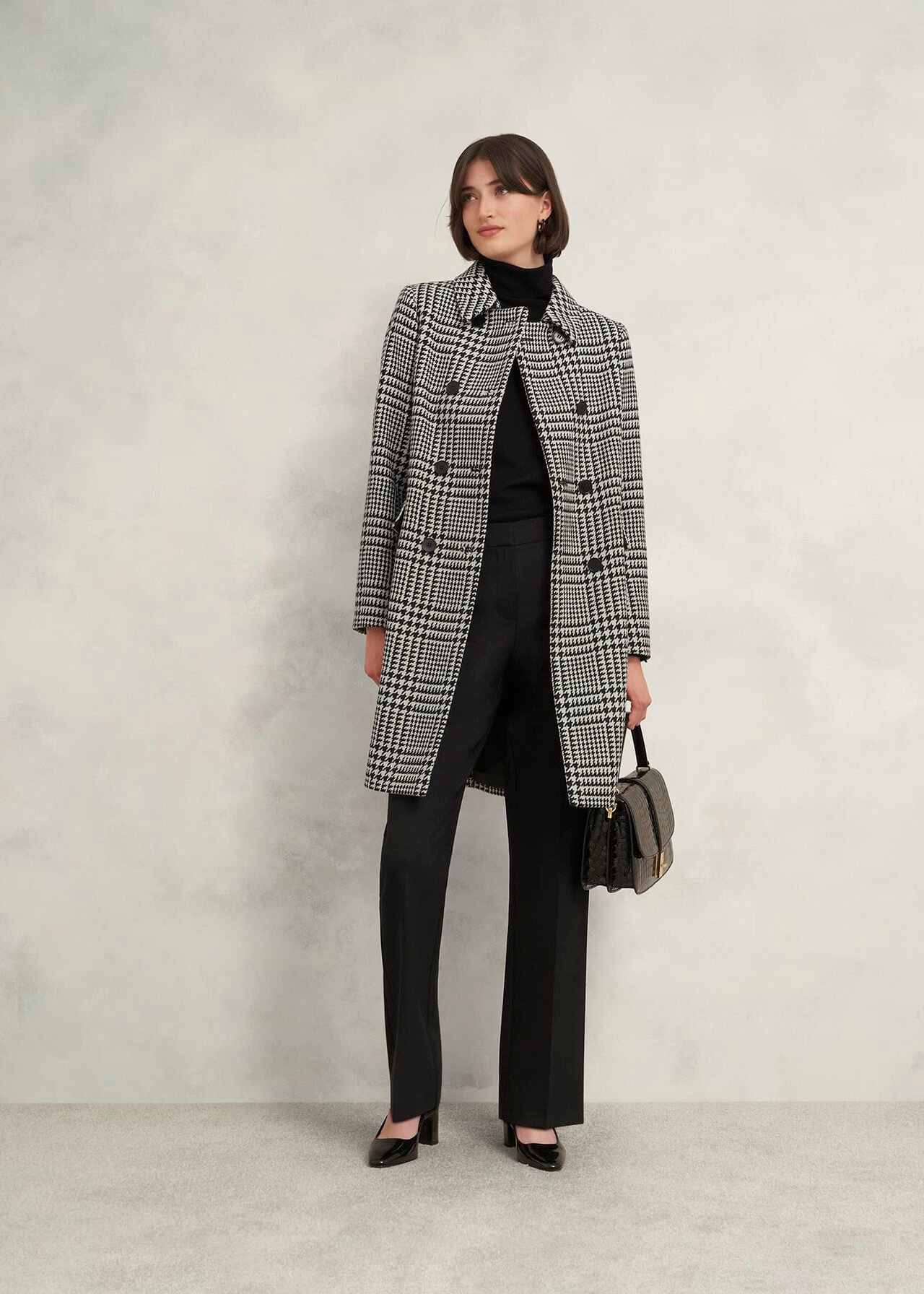 Yvette Wool Blend Check Coat, Black Ivory, hi-res