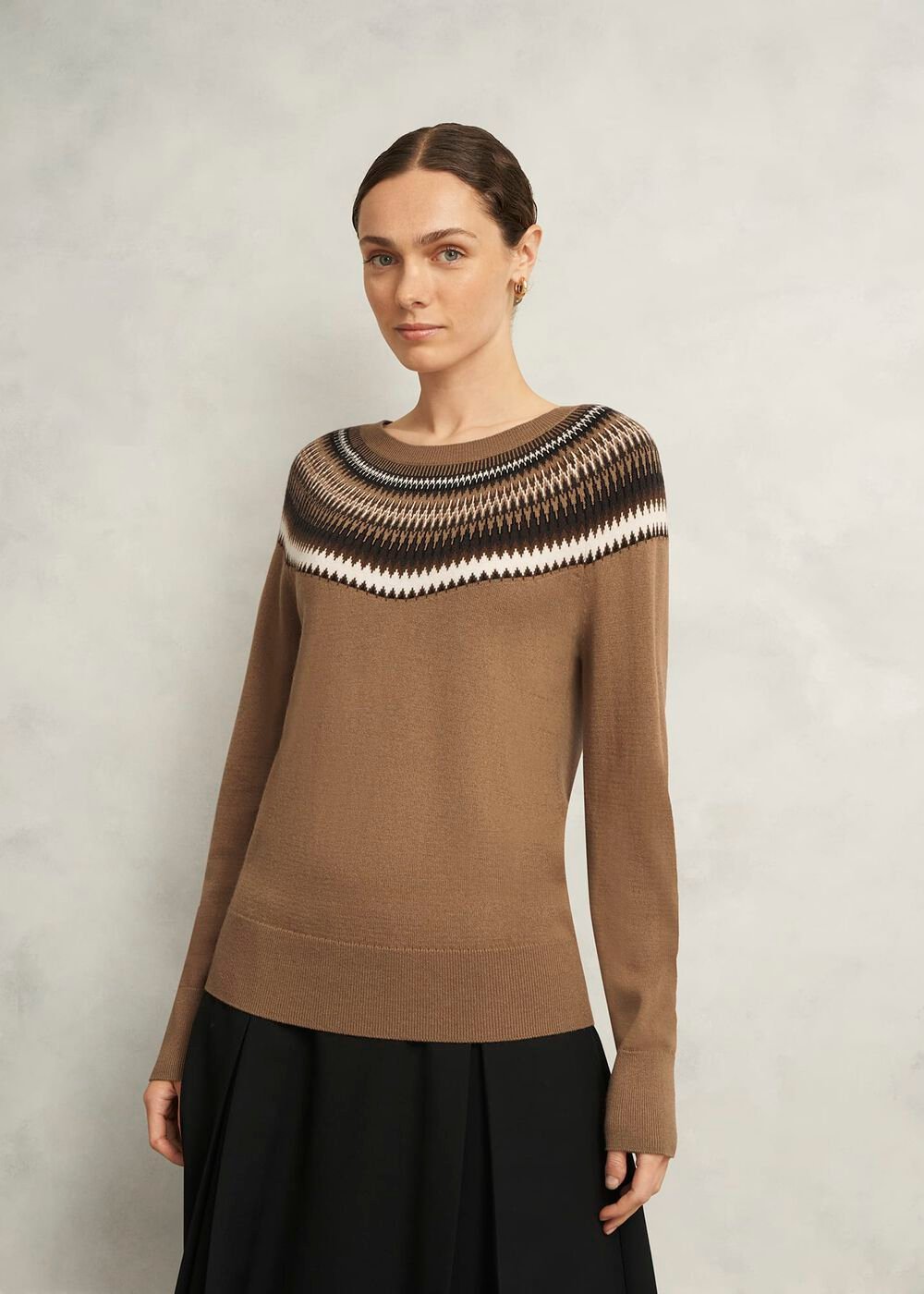 Camel Greta Wool Blend Fairisle Crew Neck Knitted Sweater, Camel Marl, hi-res