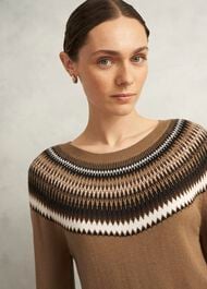 Camel Greta Wool Blend Fairisle Crew Neck Knitted Sweater, Camel Marl, hi-res