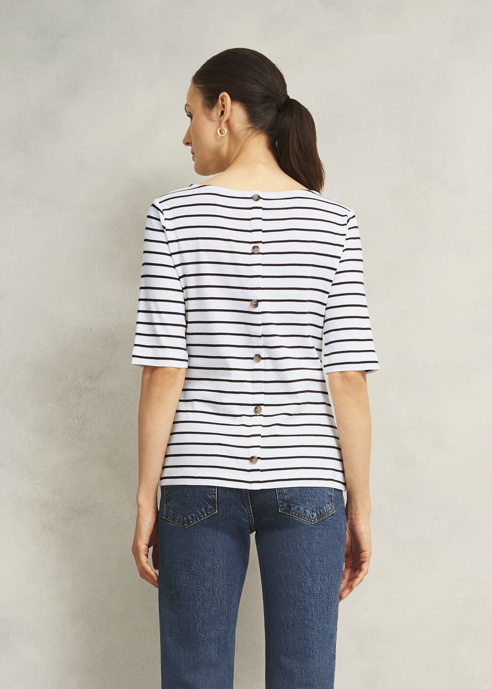 Ivory Katie Cotton Stripe Button Back Top, White Navy, hi-res