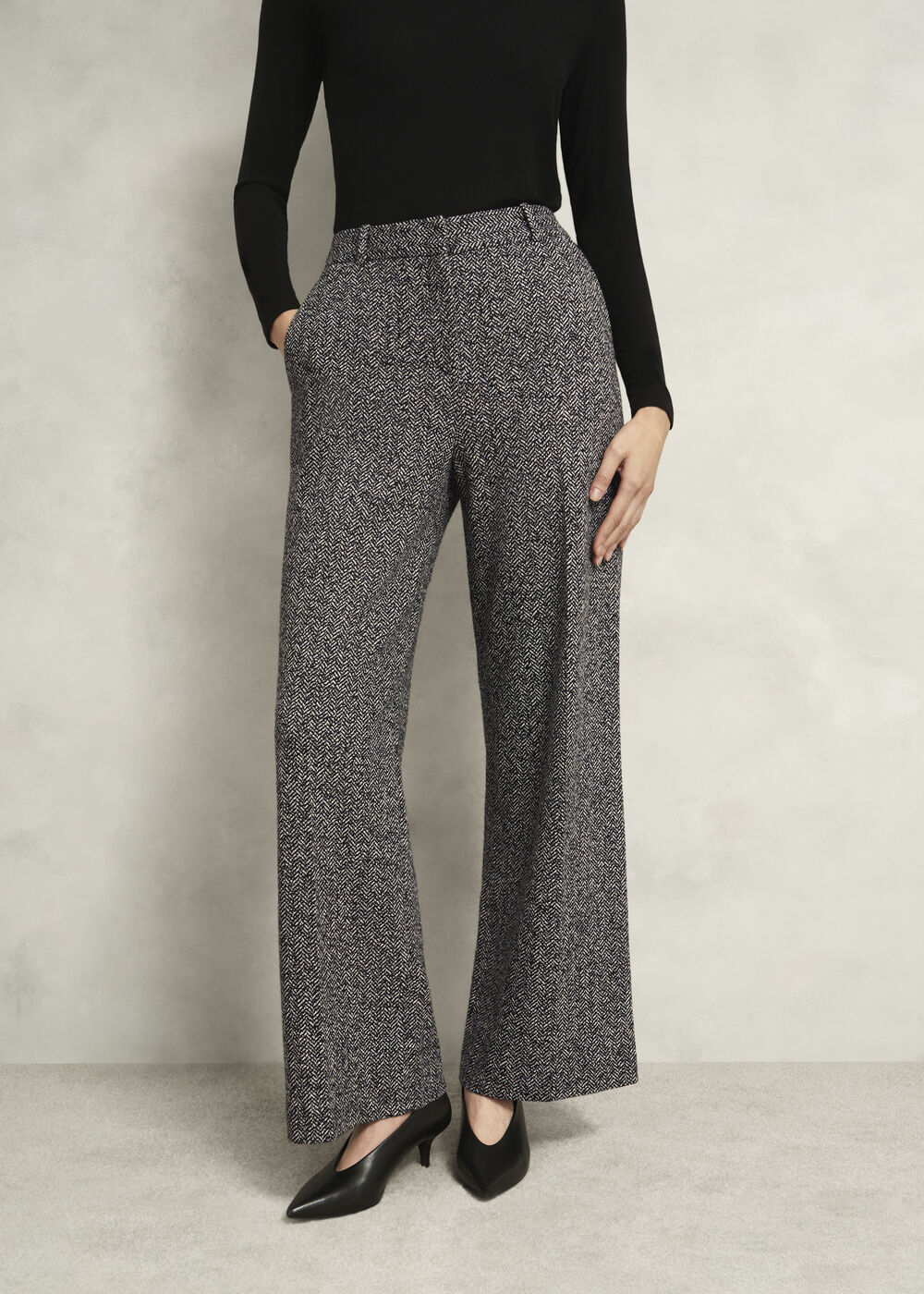 Petite Marlyn Wool Jersey Wide Trousers, Black White, hi-res