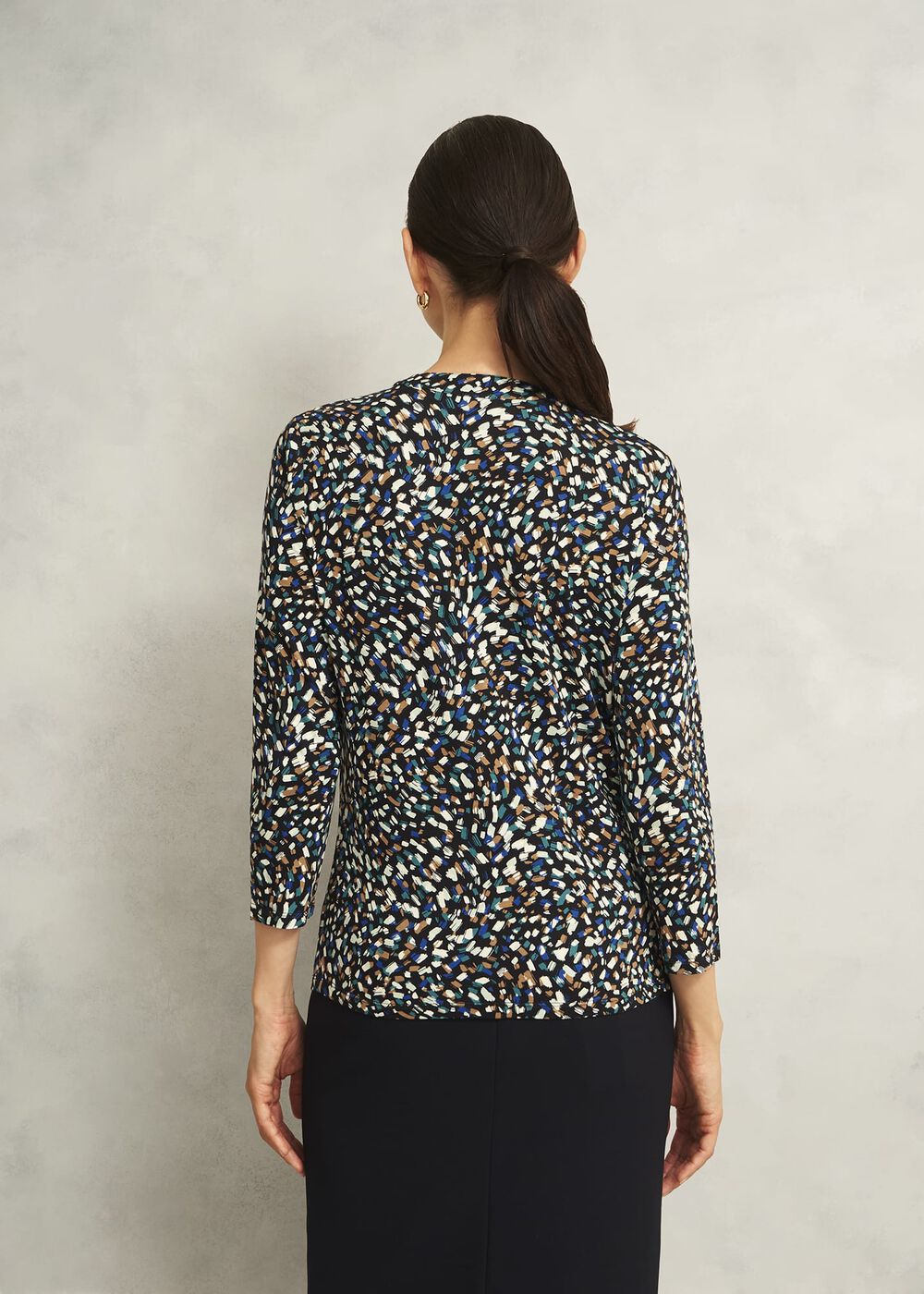 Navy Margot Printed Button Key Hole 3/4 Sleeve Top, Blue Multi, hi-res
