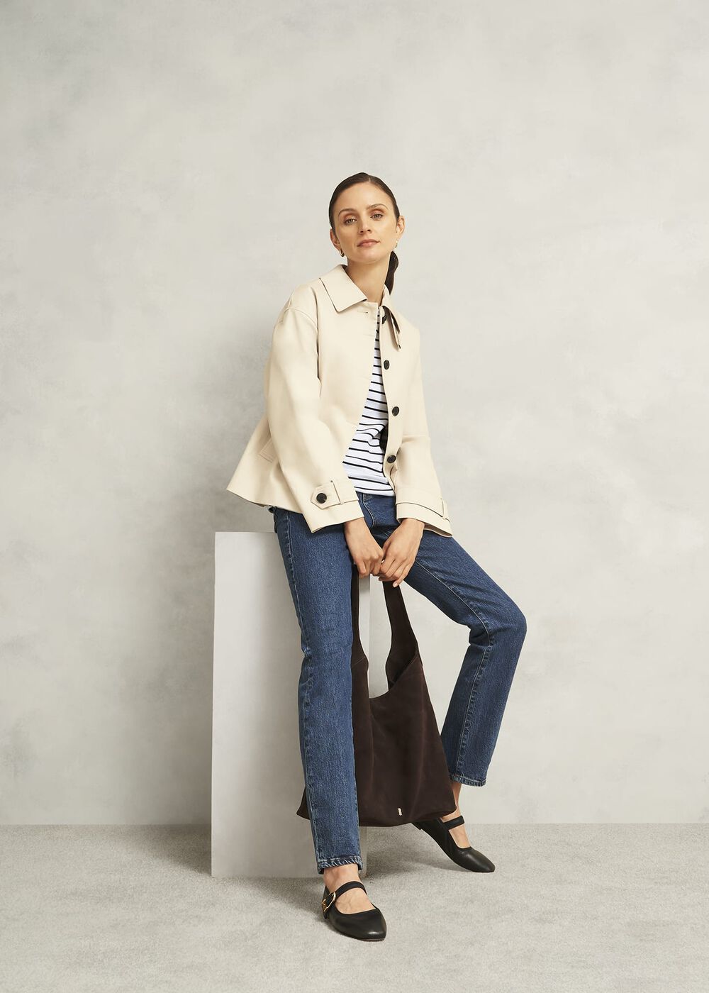 Ivory Katie Cotton Stripe Button Back Top, White Navy, hi-res