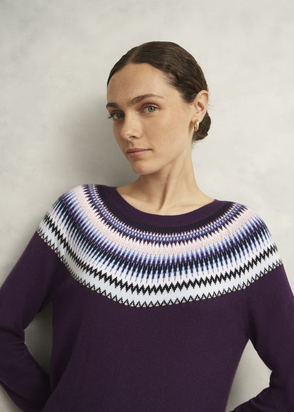 Purple Greta Wool Blend Fairisle Crew Neck Sweater, Vibrant Purple, hi-res