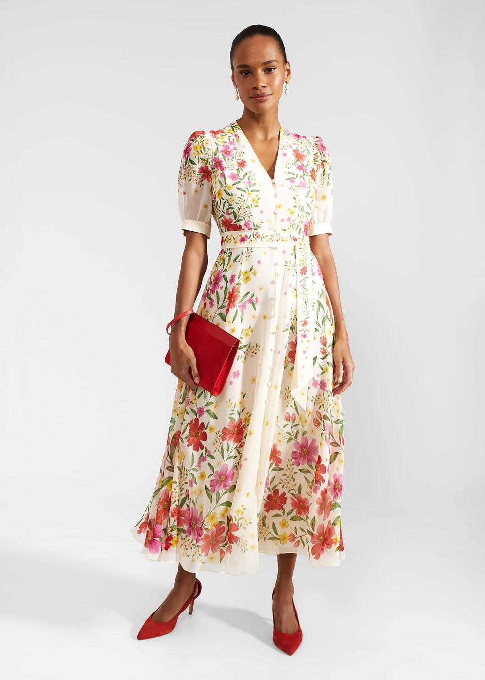 Petite Aurelia Floral Silk Dress, Cream Multi, hi-res