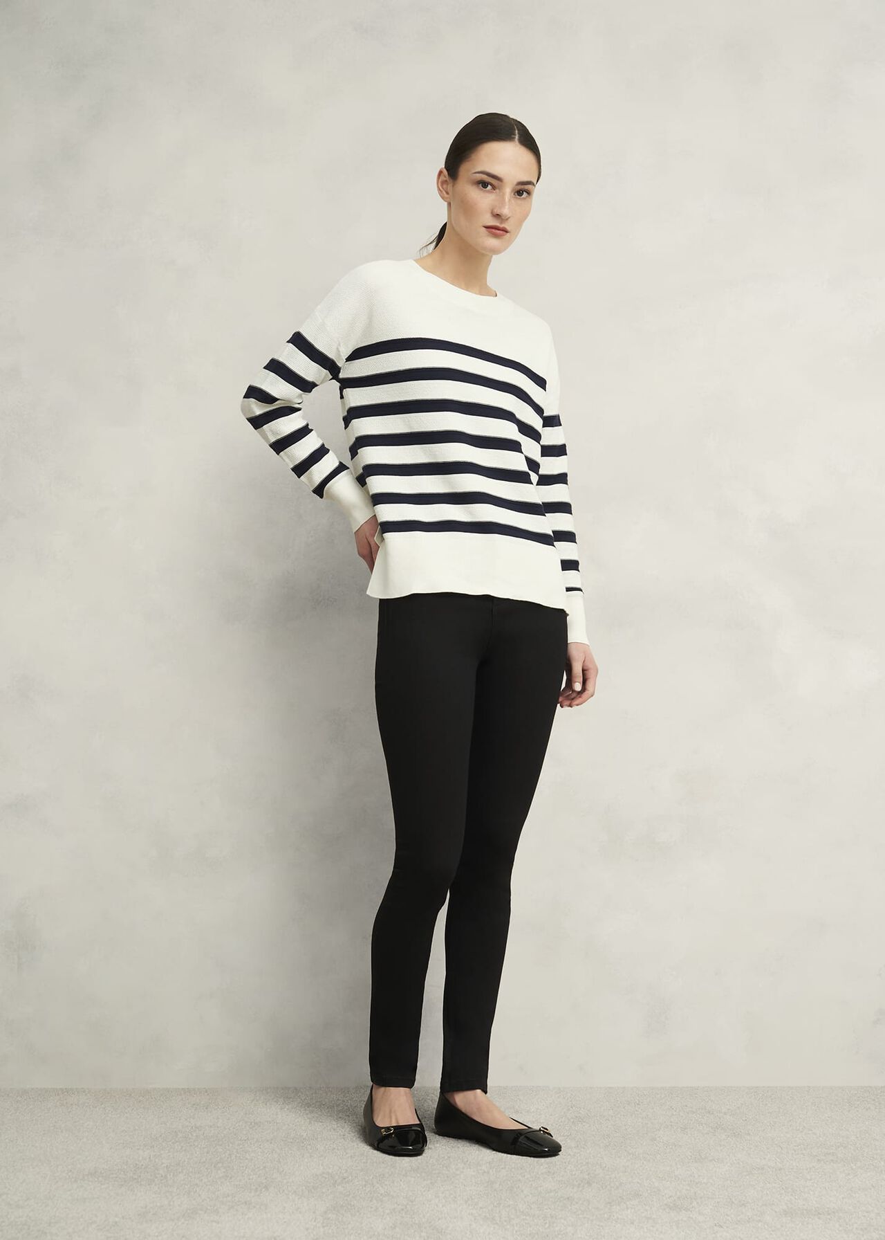 Amoura Striped Cotton Sweater, Ivory Navy, hi-res