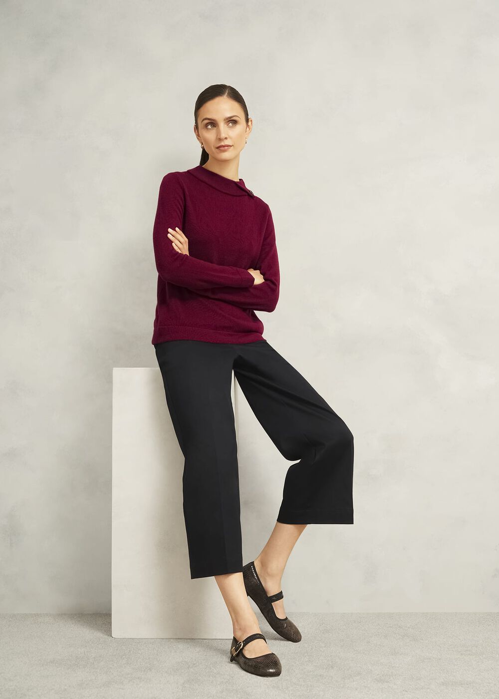 Burgundy Talia Cashmere Blend Button Neck Sweater, Beryl Red, hi-res