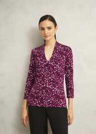 Burgundy Aimee Printed V Neck 3/4 Sleeve Top, Beryl Red, hi-res