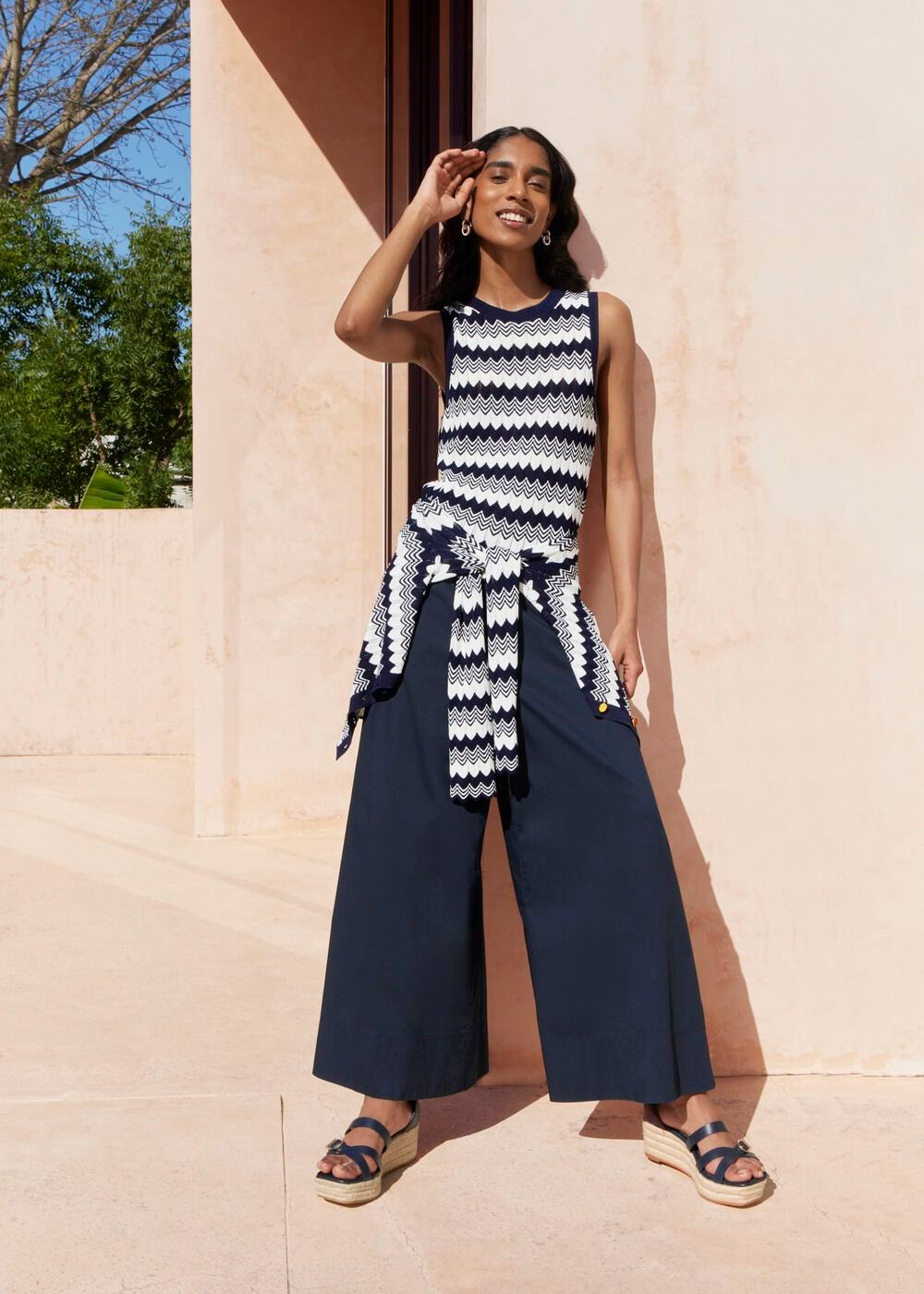 Navy Osterley Chevron Striped Knitted Vest Top, Navy Ivory, hi-res
