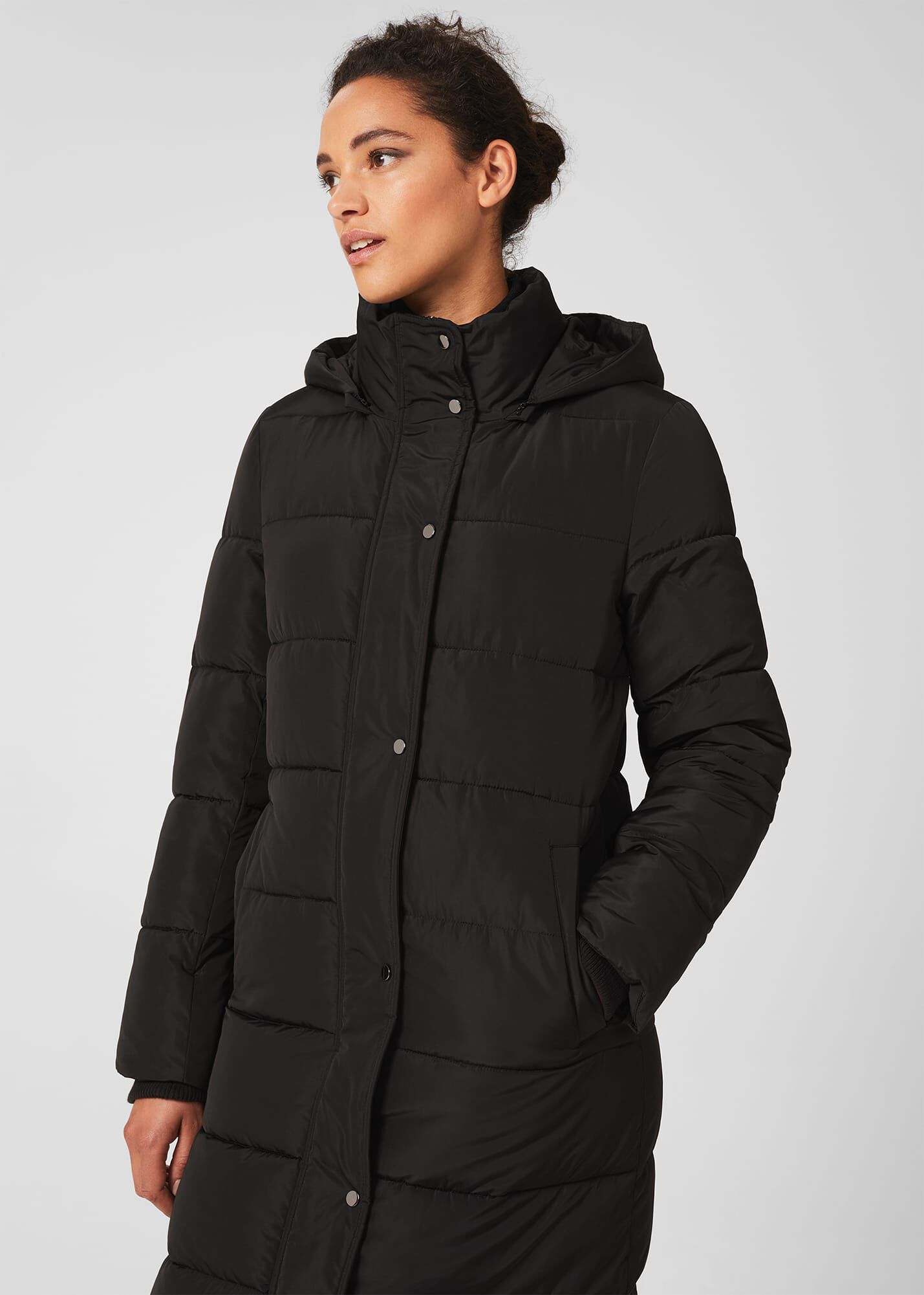 black mid length puffer coat