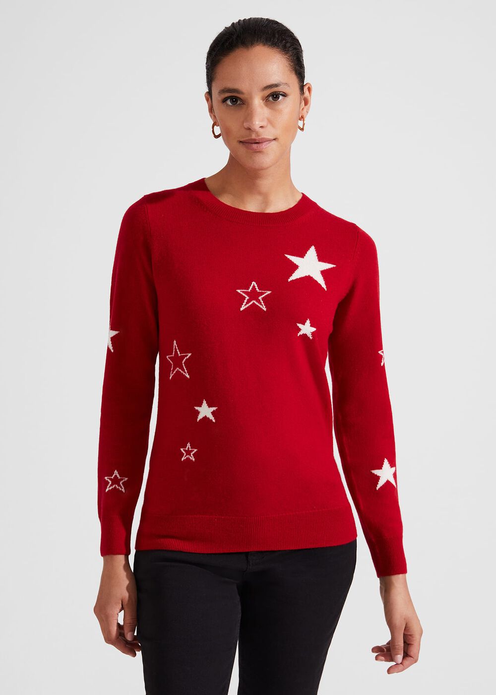 Samira Wool Cashmere Star Sweater, Red Ivory, hi-res