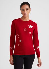 Samira Wool Cashmere Star Sweater, Red Ivory, hi-res