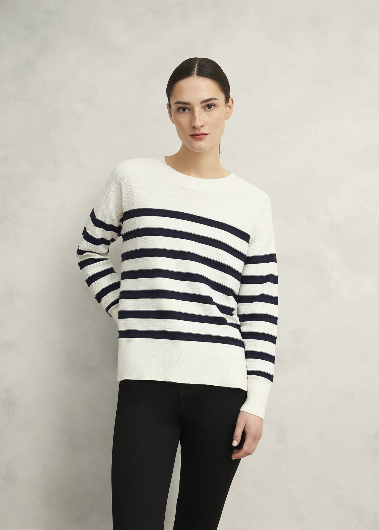 Amoura Striped Cotton Sweater, Ivory Navy, hi-res