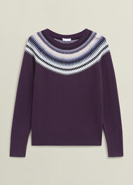 Purple Greta Wool Blend Fairisle Crew Neck Sweater, Vibrant Purple, hi-res