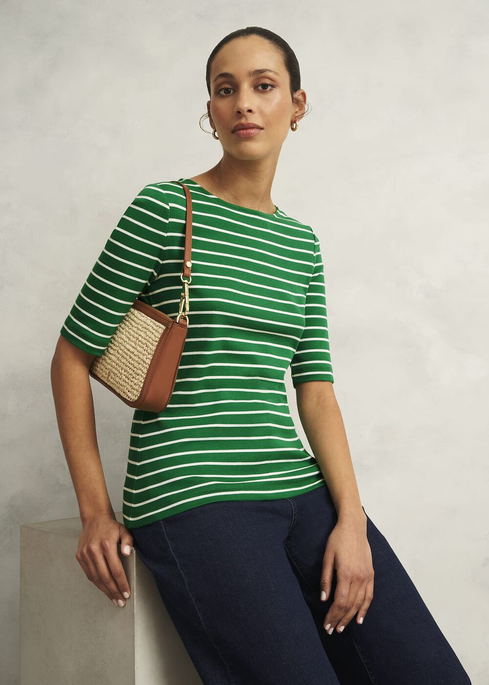 Katie Cotton Button Back Top, Green Ivory, hi-res