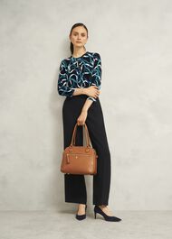 Blue Julia Ribbon Printed Key Hole 3/4 Sleeve Top, Navy Blue, hi-res