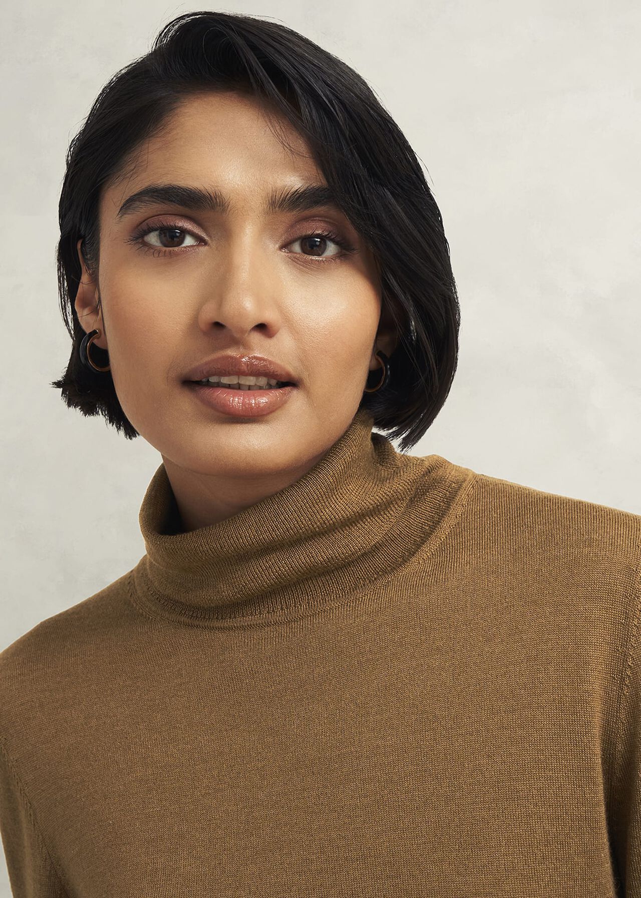 Clarendon Wool Silk Roll Neck Jumper, Classic Vicuna, hi-res