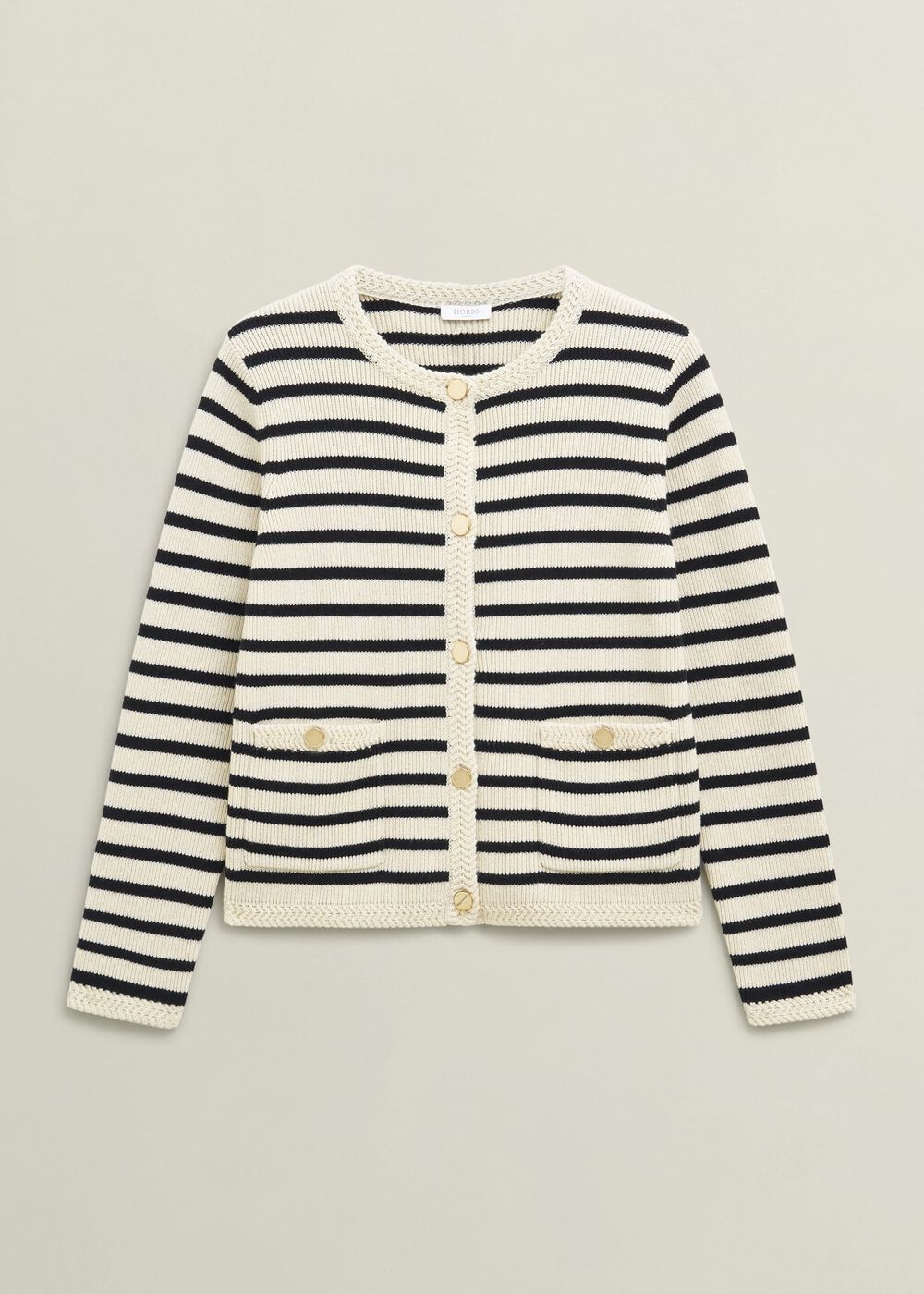Oatmeal Simona Wool Blend Striped Knitted Jacket, Oatmeal Black, hi-res