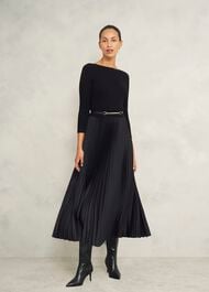 Lucinda Satin Pleated Knitted Dress, Black, hi-res