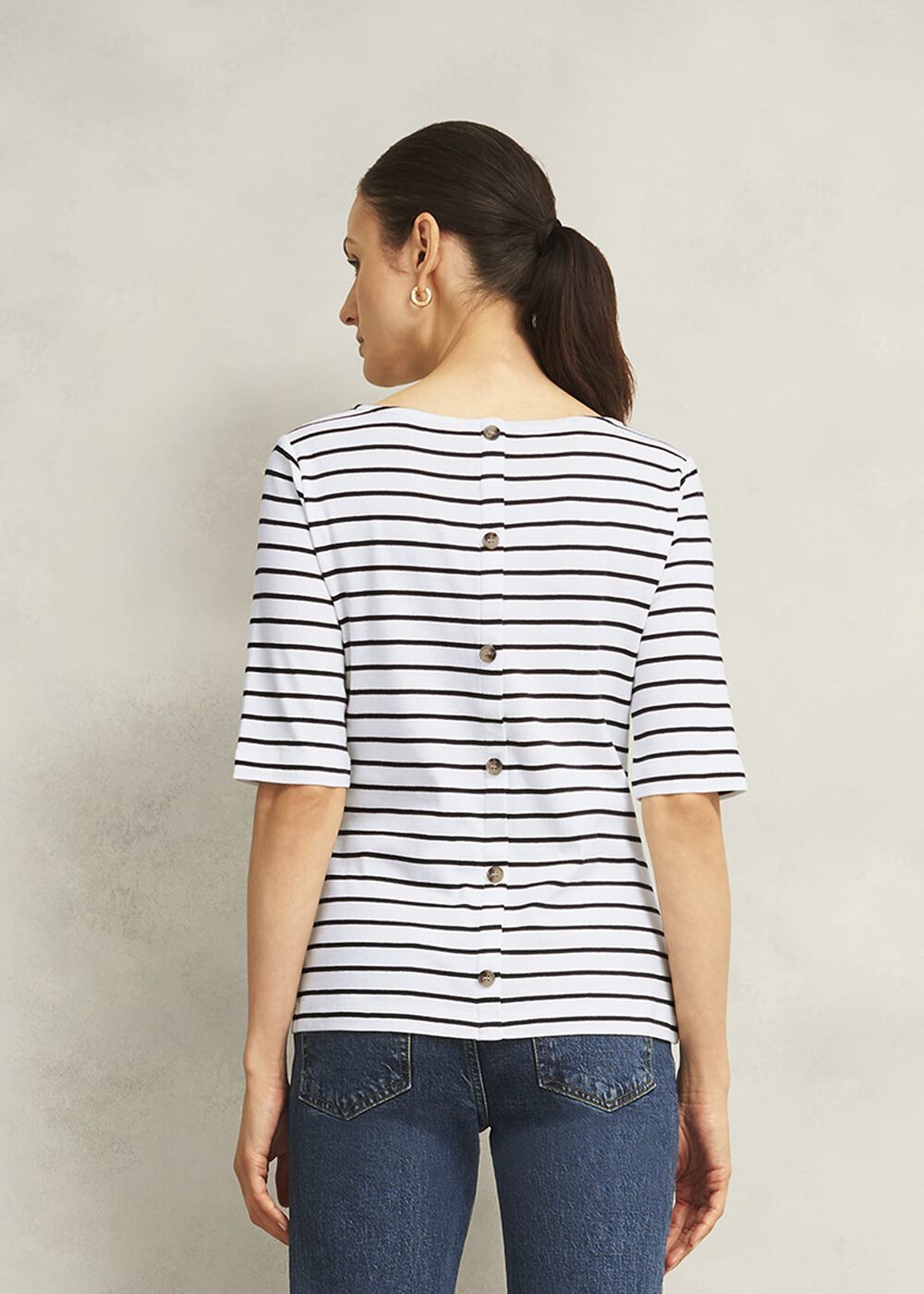 Ivory Katie Cotton Stripe Button Back Top, White Navy, hi-res