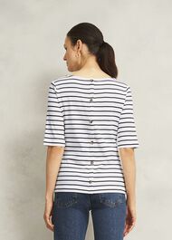Ivory Katie Cotton Stripe Button Back Top, White Navy, hi-res