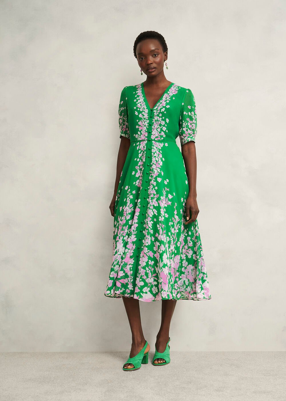 Ana Silk Floral Dress, Green Pink, hi-res