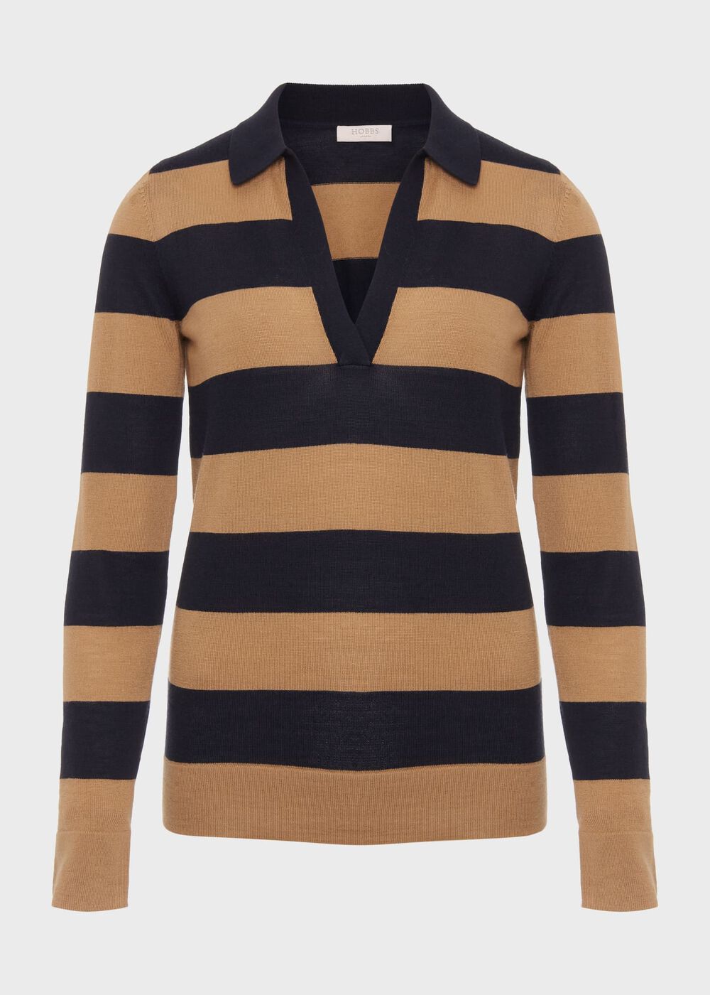 Alexis Merino Wool Stripe Polo Sweater, Navy Camel, hi-res