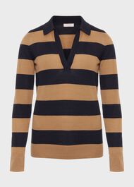 Alexis Merino Wool Stripe Polo Sweater, Navy Camel, hi-res