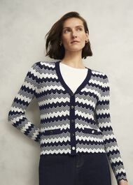 Navy Osterley Chevron Stripe V Neck Knitted Cardigan, Navy Ivory, hi-res