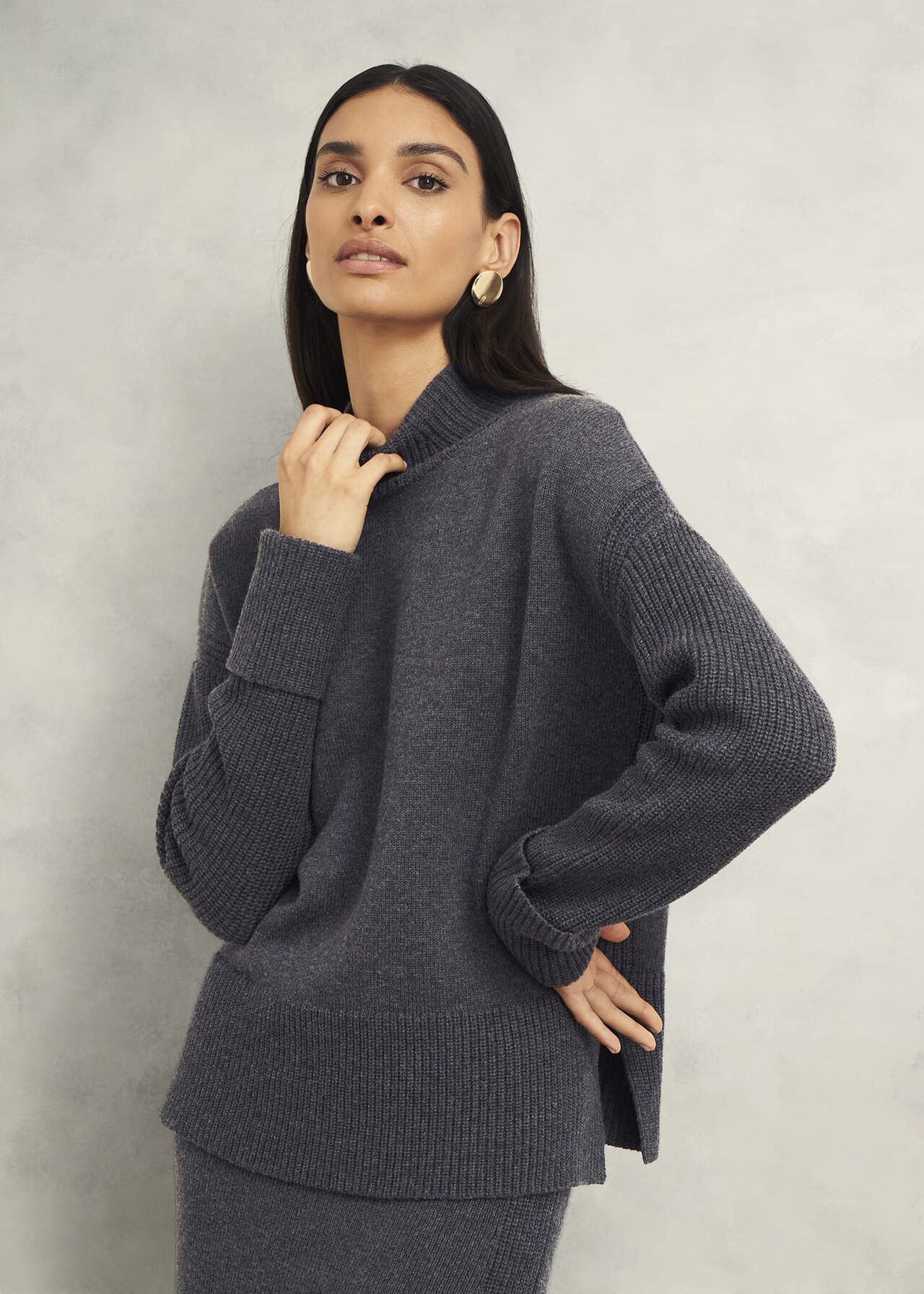 Gaskell Co-Ord Wool Cotton Sweater, Dark Grey Marl, hi-res
