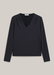 Hannah Printed Polka Dot V Neck Top, Navy Ivory, hi-res