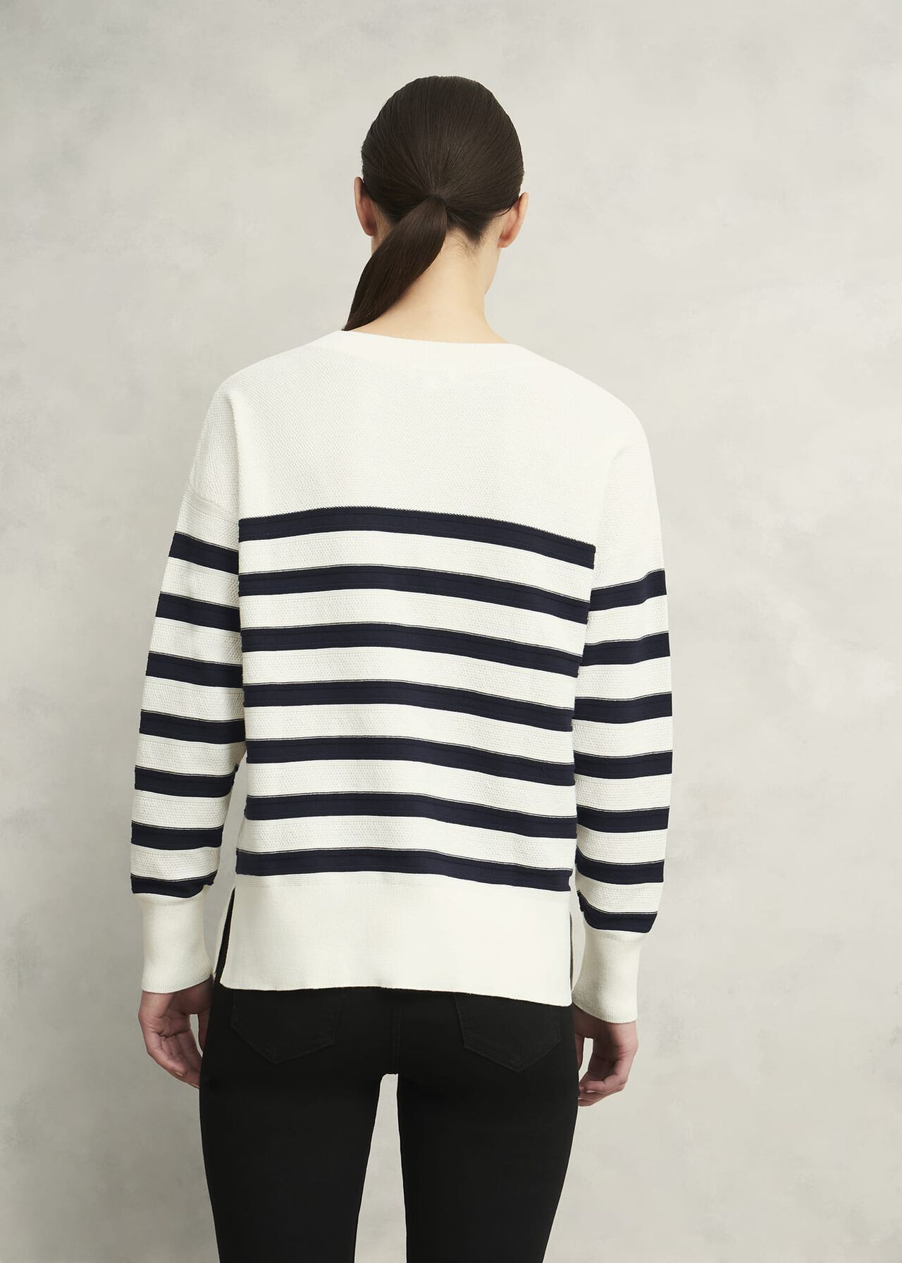 Amoura Striped Cotton Sweater, Ivory Navy, hi-res